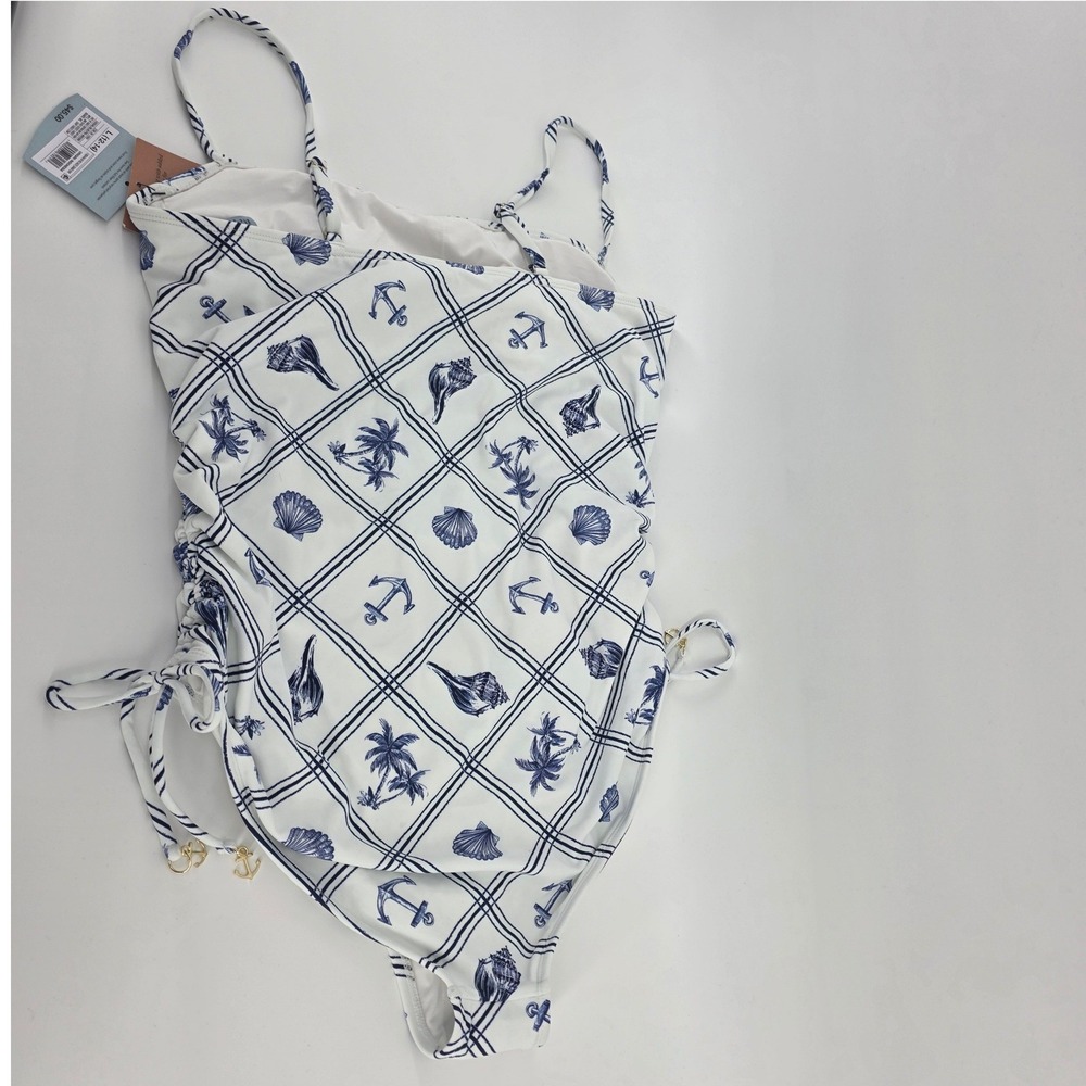 Kona Sol Womens Nautical Ruched One Piece Swimsuit Blue White Anchor L 12-14